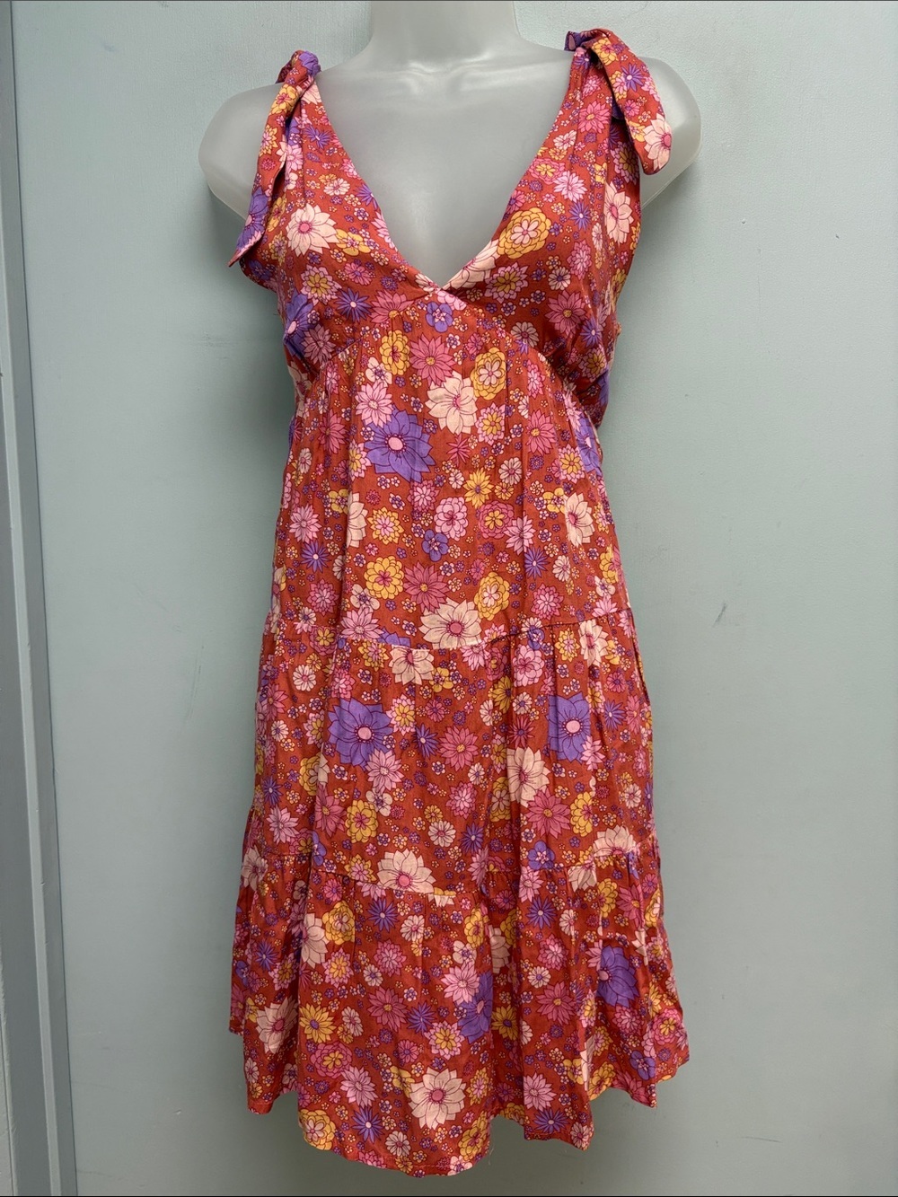BaeVely Floral Tie Shoulder Mini Dress Pink Orange Purple Size Small